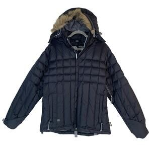 686 Insulated Snow Jacket Women L Blue Hooded Quilted Ski Coat Faux Fur Trim